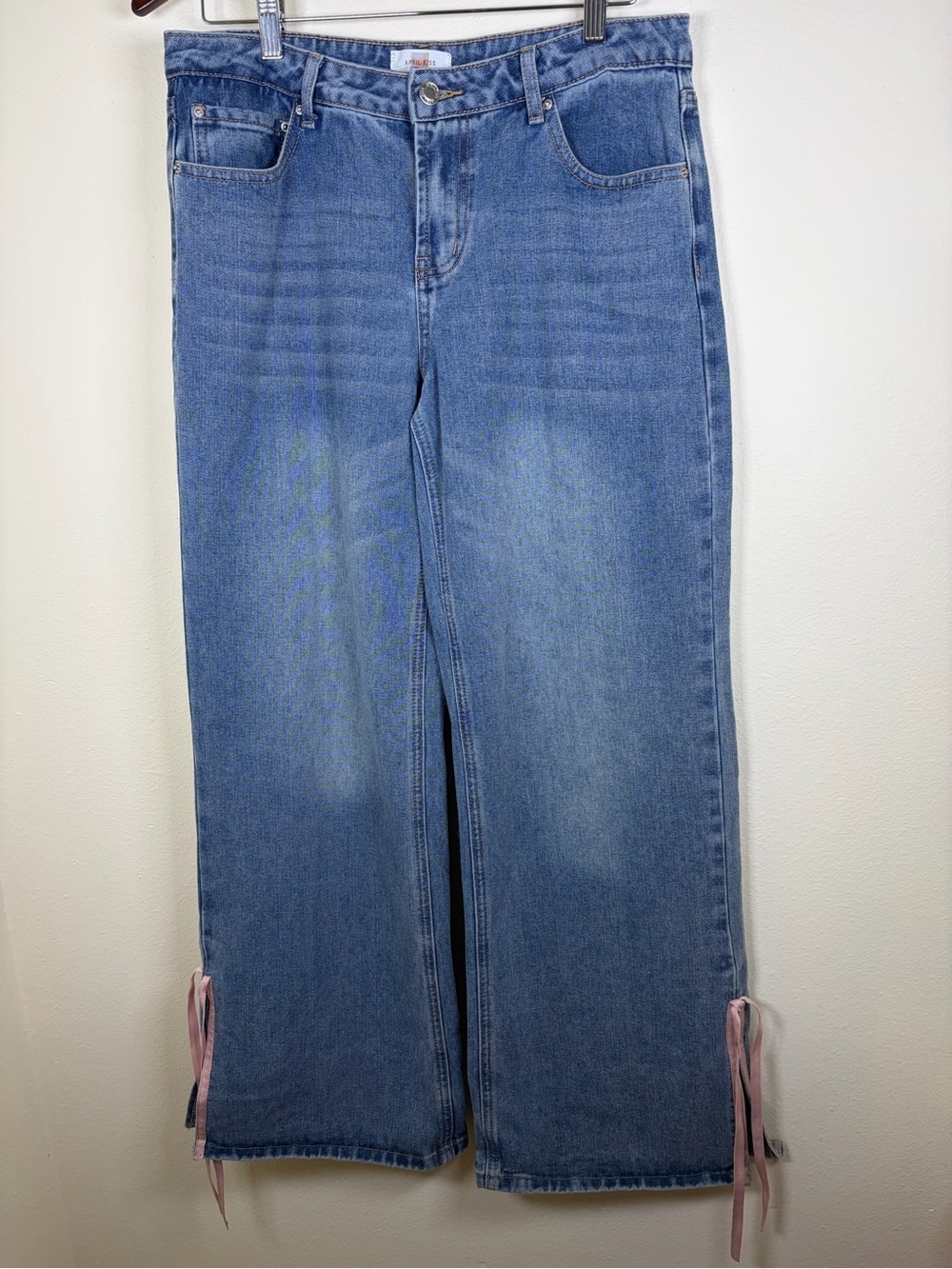 April Kiss Los Angeles Wide Leg Jeans 7/28 Pink Ribbon Side Tie Y2K Coquette